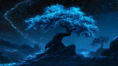 Bioluminescent tree on rocky hill under starry sky at night.