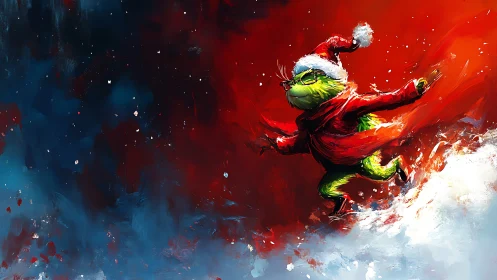 Whimsical green creature skating through abstract snowstorm.