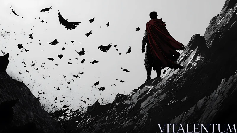 Lone caped warrior on cliff amid swirling dark ravens.