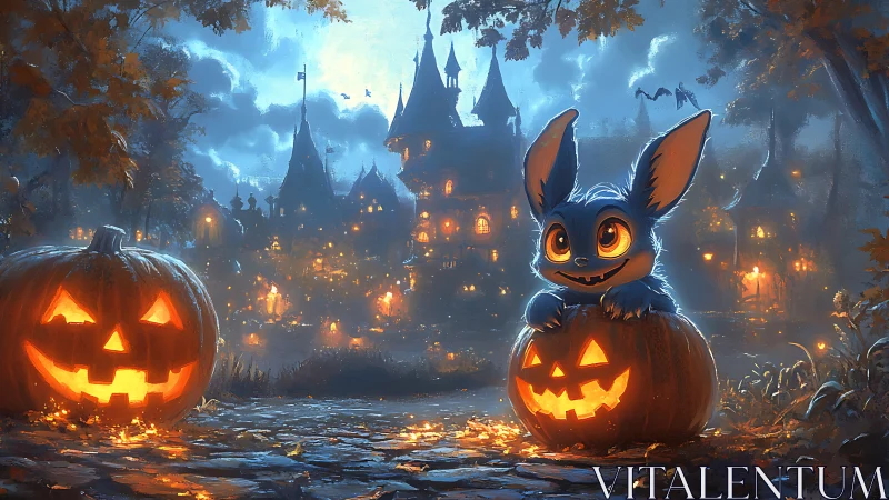 Whimsical blue creature in glowing pumpkin village nightscape.