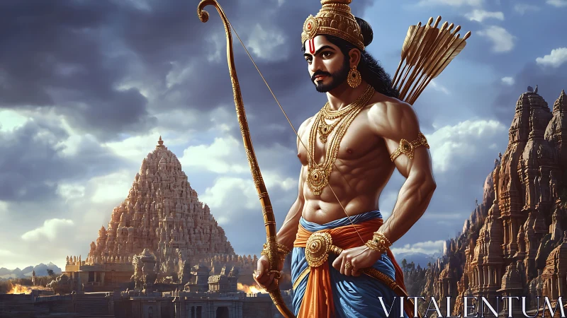 Warrior archer stands before ancient sandstone temple complex