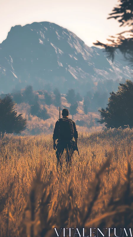 Lone armed figure crossing dry field toward distant mountain.