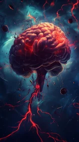 Neural storm brain suspended in cosmic electric nebula.