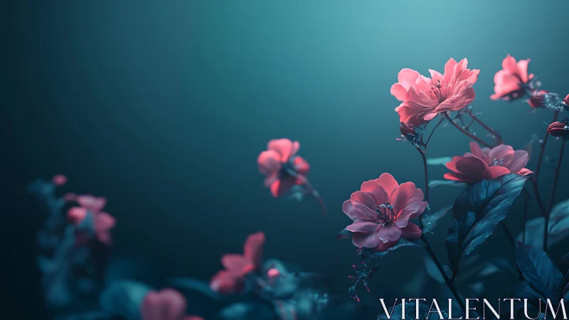 Pink flowers against teal background with selective focus depth