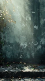 Sunlit ivy traces aging plaster wall in atmospheric chiaroscuro