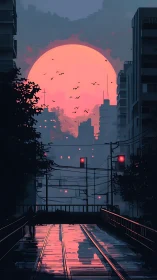 Silhouette figure stands on urban bridge under oversized sunset