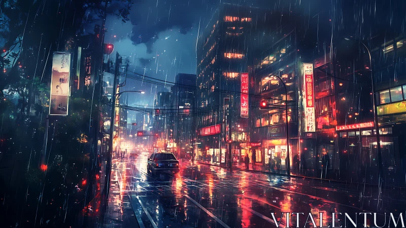 Nocturnal neon city street under heavy rain with car reflections