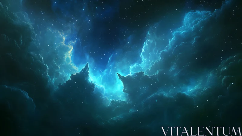 Glowing cosmic clouds cradling a tranquil starry sky.