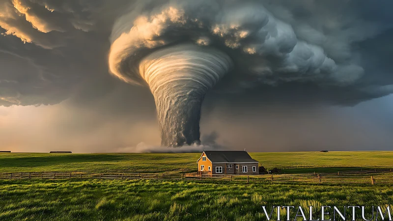 Spiraling supercell tornado looming over isolated farmhouse.