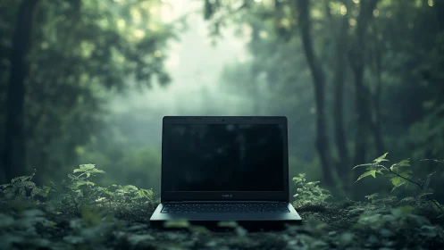 Laptop sits closed on mossy forest log under soft fog light