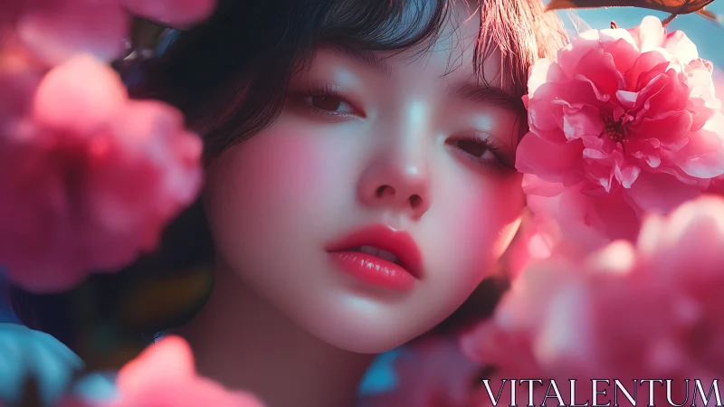 Soft-focus portrait integrates floral foreground bokeh and neon light