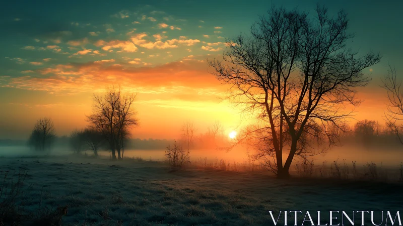 Misty sunrise glows behind bare winter trees in silence.