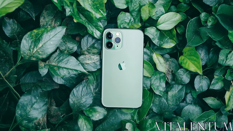 Modern iPhone 11 Pro shines amid lush green leaves