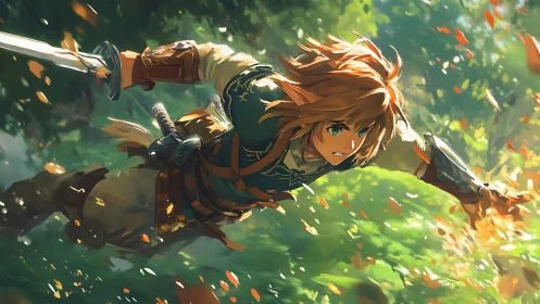 Swift forest rogue diving through leaflit emerald blaze.