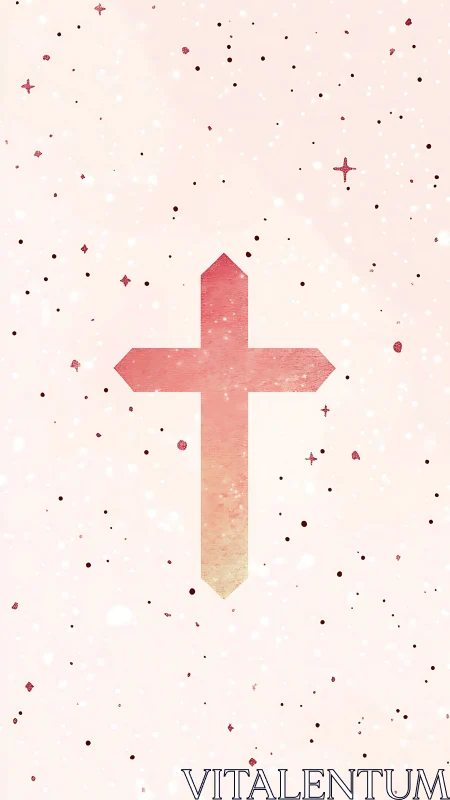 Soft pink cross with celestial particle field background.