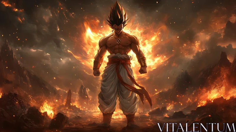 Fire-crowned warrior walks calmly through collapsing worlds