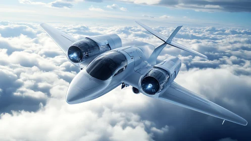 Futuristic twin-engine jet cruising above dense cloud layer