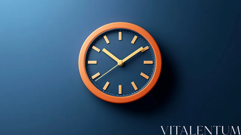 Minimalist orange wall clock floats on deep blue background