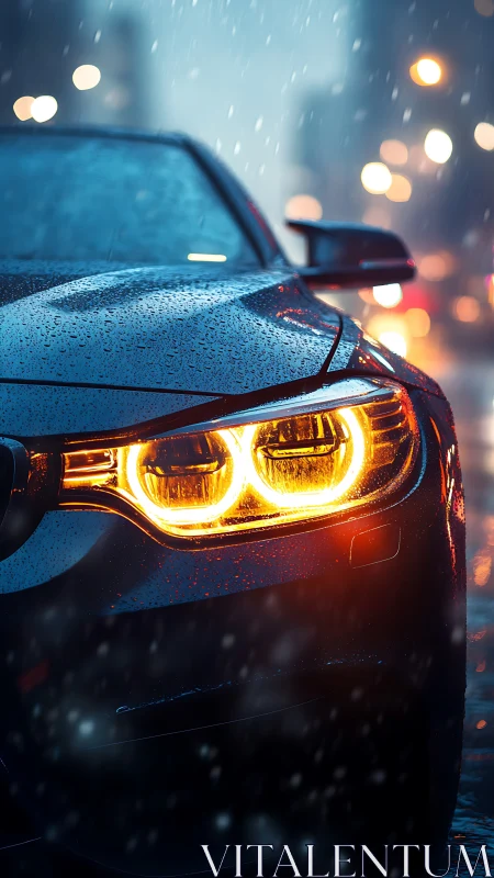 Headlights carve molten halos through the rainy city haze