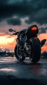 Sleek motorcycle poised for a bold sunset night ride.