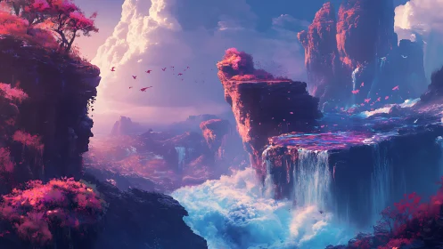Vibrant floating cliffs overlook cascading dreamlike waterfalls