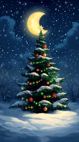 Moonlit Christmas tree crowned by glowing crescent magic.