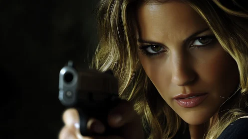 Tactical close‑up portrait with handgun and shallow depth of field.