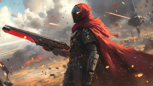 Cyber warrior with red cloak on burning battlefield.