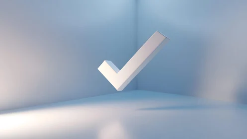 Minimalist floating white check mark in soft blue 3D room.