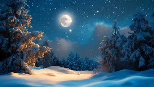 Luminous full moon over pristine snowfield and fir forest