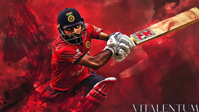 Cricket batter drives ball through intense crimson motion field.