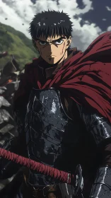 Armored anime swordsman with red cape in battle setting.