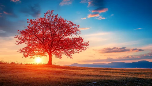 Solitary crimson tree drinking in a blazing horizon sunset.