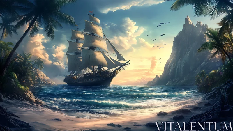 Tall ship sails through tropical cove at glowing sunset