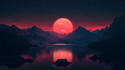 Crimson alien sun sinks behind mountains and mirrored lake.