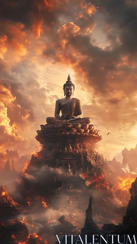 Buddha statue crowned by lotus throne over fiery mountains.