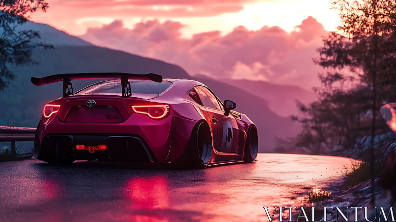 Widebody Toyota coupe drifts through neon sunset mountains