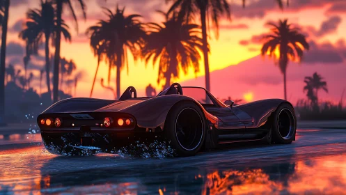 Low roadster on wet coastal strip at sunset with palms.
