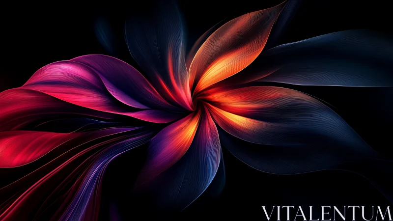 Neon abstract flower radiates fluid light on black void