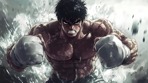 Dynamic anime boxer in explosive forward charge composition.
