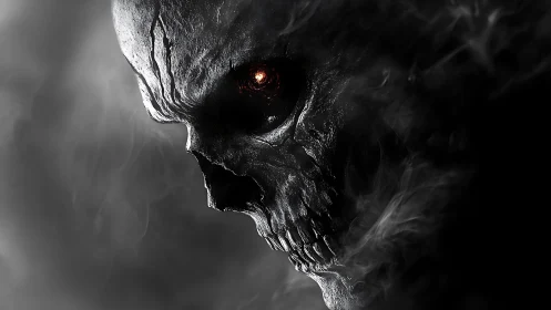 Monochrome demonic skull rendered with volumetric smoke and ember eye