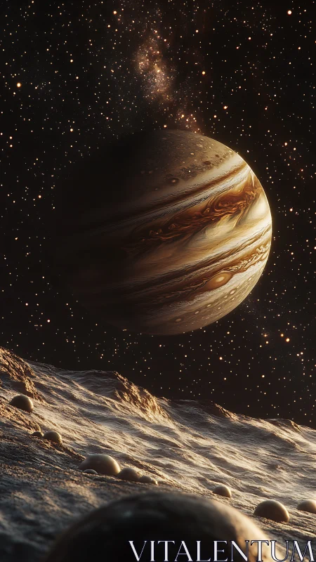 Gas giant with stratified storms above icy cratered moon