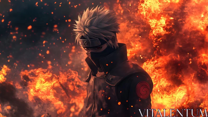 Masked shinobi warrior amid roaring inferno backdrop.