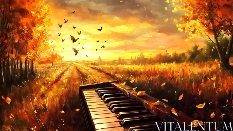 Autumn piano road humming beneath a sky of golden birds.