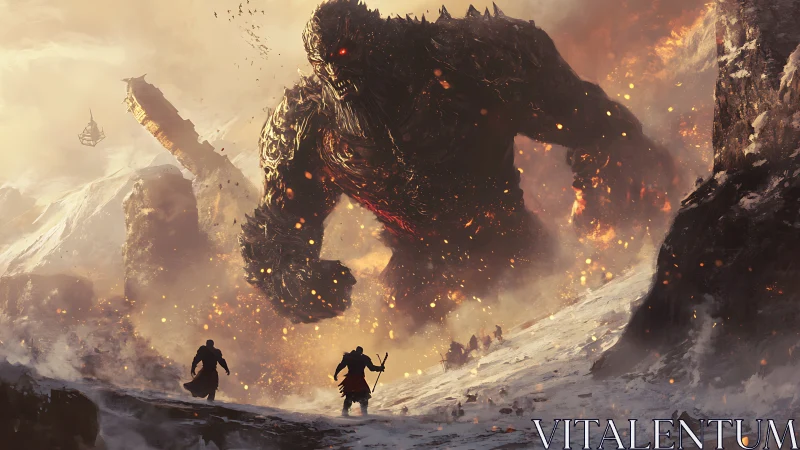Colossal ember titan storms a burning snowbound battlefield.