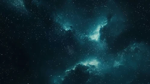 Star field over teal nebula clouds in deep space.