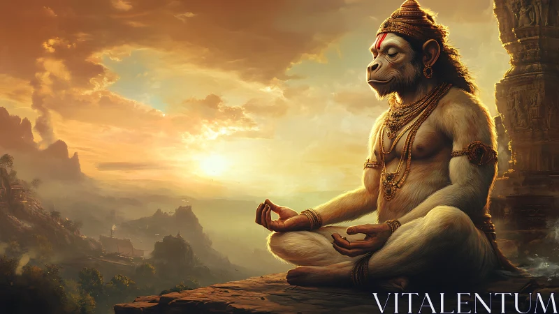 Mythic monkey figure in meditative pose at sunset plateau.