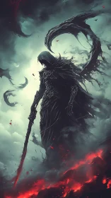 Dark hooded reaper figure over storm clouds and fire.