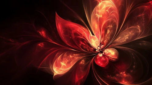 Fractal flower structure renders luminous red and gold petals