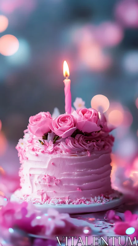 Luminous Birthday Celebration with Pink Frosted Cake and Glowing Candle